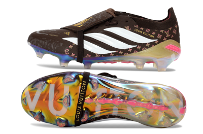 Unisex Adidas Predator 26 Elite Fold-Over Tongue FG Firm Ground Low-Tops Football Boots - Brown/Golden Pink/Rainbow