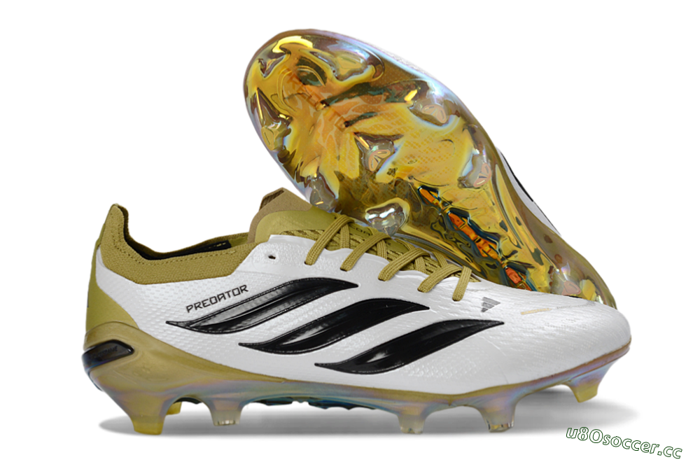 Unisex Adidas Predator 26 Elite FG Firm Ground Low-Tops Football Boots - White/Gold/Black 2