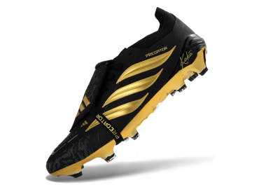 Unisex Adidas Predator 26 Elite Fold-Over Tongue FG Firm Ground Low-Tops Football Boots - Black/Gold Accent/Black Base
