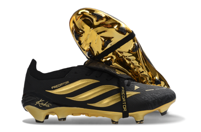 Unisex Adidas Predator 26 Elite Fold-Over Tongue FG Firm Ground Low-Tops Football Boots - Black/Gold Accent/Black Base
