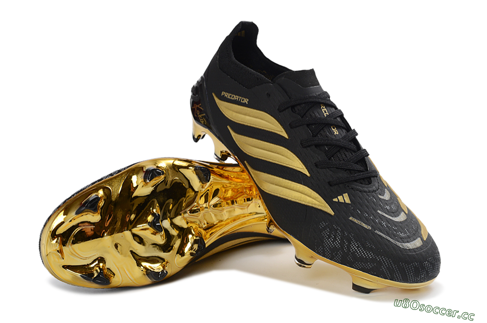 Unisex Adidas Predator 26 Elite FG Firm Ground Low-Tops Football Boots - Black/Metallic Gold/Onyx Black 3