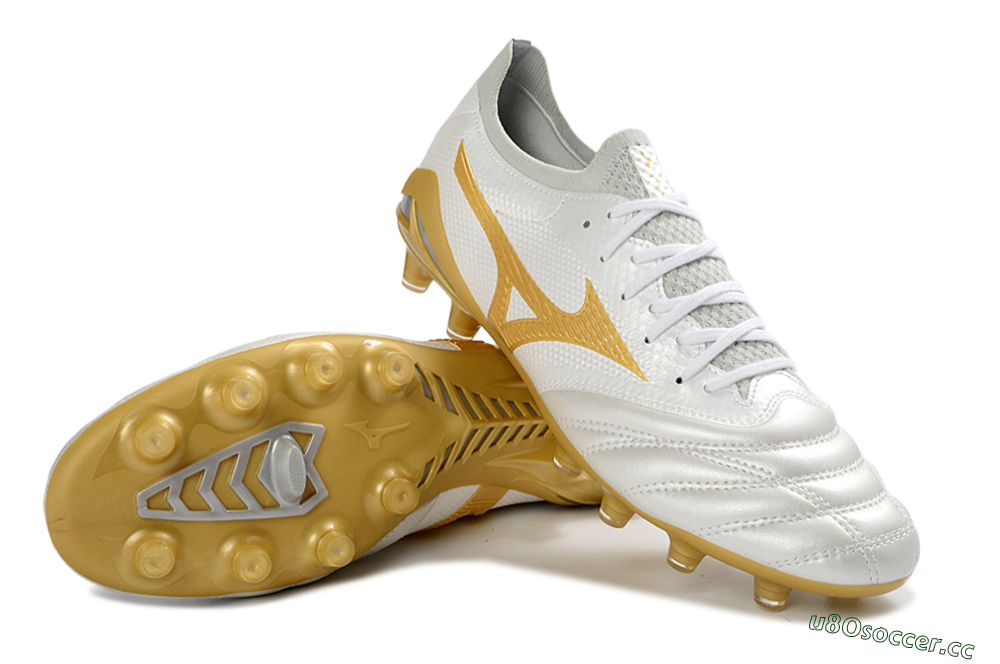 Men's Mizuno Morelia Neo 4 FG Firm Ground Low-Tops Football Boots - White/Golden Glow/Soft Grey 3