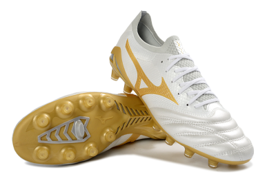Men's Mizuno Morelia Neo 4 FG Firm Ground Low-Tops Football Boots - White/Golden Glow/Soft Grey