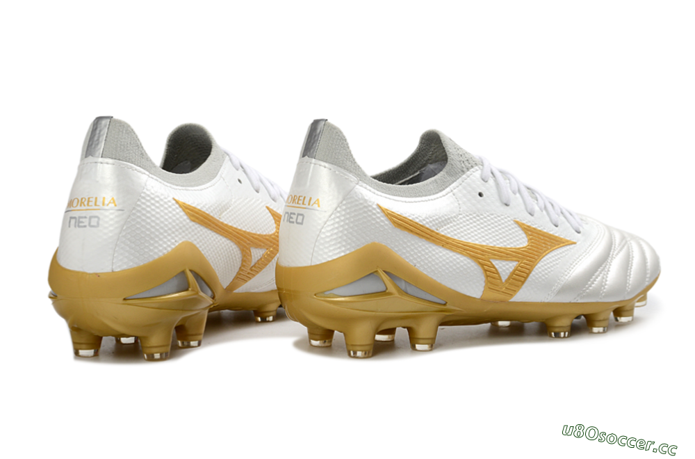 Men's Mizuno Morelia Neo 4 FG Firm Ground Low-Tops Football Boots - White/Golden Glow/Soft Grey 6