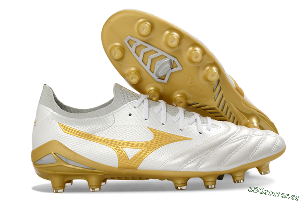 Men's Mizuno Morelia Neo 4 FG Firm Ground Low-Tops Football Boots - White/Golden Glow/Soft Grey 2