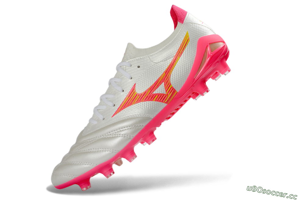 Men's Mizuno Morelia Neo 4 FG Firm Ground Low-Tops Football Boots - White/Neon Pink/Sunny Yellow 5
