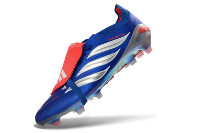 Unisex Adidas Predator 26 Elite Fold-Over Tongue FG Firm Ground Low-Tops Football Boots - Blue/Red Flame/Metallic Silver