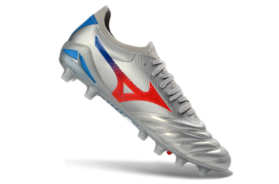 Men's Mizuno Morelia Neo 4 FG Firm Ground Low-Tops Football Boots - Silver/Vivid Red/Flashy Blue