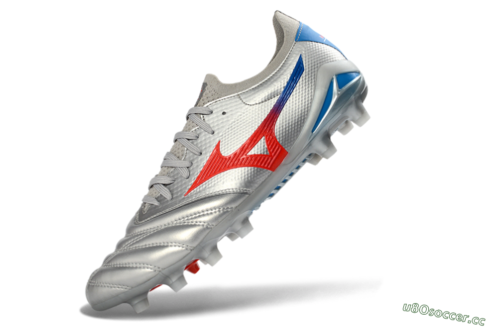 Men's Mizuno Morelia Neo 4 FG Firm Ground Low-Tops Football Boots - Silver/Vivid Red/Flashy Blue 5