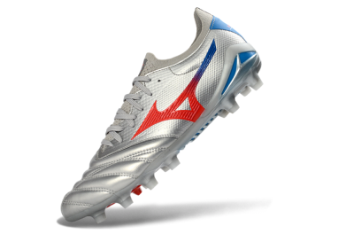 Men's Mizuno Morelia Neo 4 FG Firm Ground Low-Tops Football Boots - Silver/Vivid Red/Flashy Blue