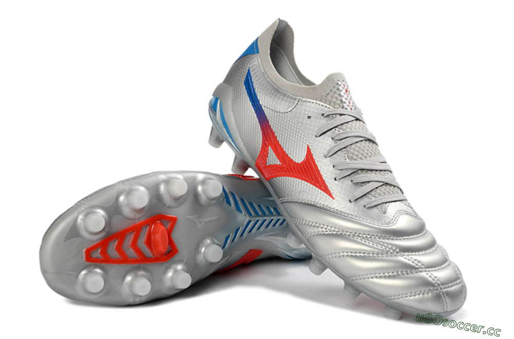 Men's Mizuno Morelia Neo 4 FG Firm Ground Low-Tops Football Boots - Silver/Vivid Red/Flashy Blue 3