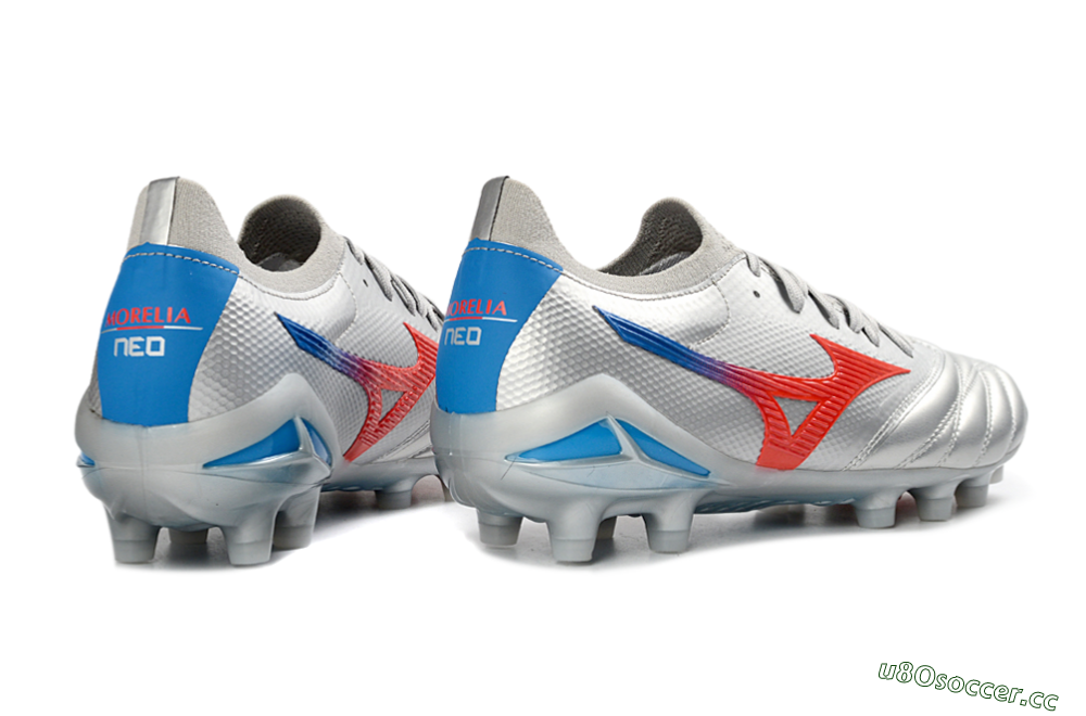 Men's Mizuno Morelia Neo 4 FG Firm Ground Low-Tops Football Boots - Silver/Vivid Red/Flashy Blue 6
