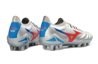 Men's Mizuno Morelia Neo 4 FG Firm Ground Low-Tops Football Boots - Silver/Vivid Red/Flashy Blue
