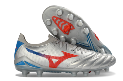Men's Mizuno Morelia Neo 4 FG Firm Ground Low-Tops Football Boots - Silver/Vivid Red/Flashy Blue