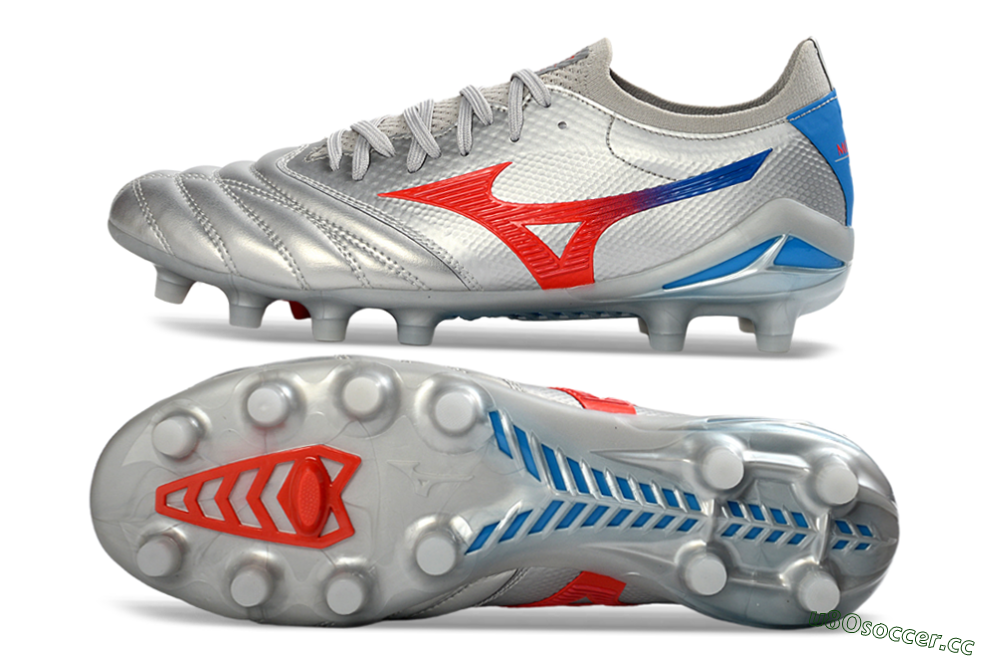 Men's Mizuno Morelia Neo 4 FG Firm Ground Low-Tops Football Boots - Silver/Vivid Red/Flashy Blue 1