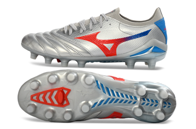 Men's Mizuno Morelia Neo 4 FG Firm Ground Low-Tops Football Boots - Silver/Vivid Red/Flashy Blue