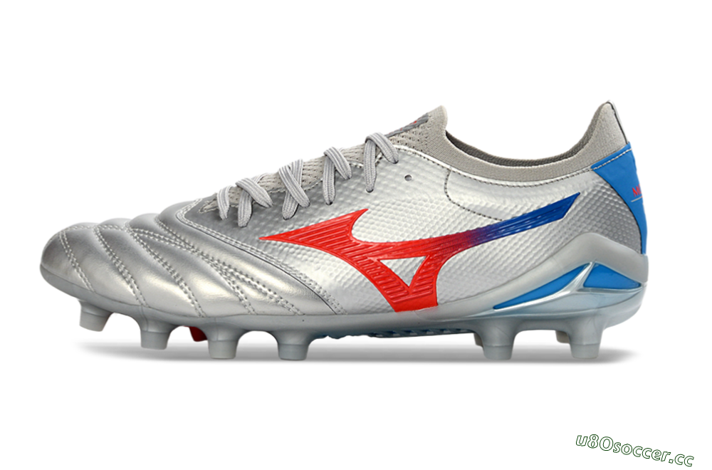Men's Mizuno Morelia Neo 4 FG Firm Ground Low-Tops Football Boots - Silver/Vivid Red/Flashy Blue 0