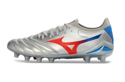 Men's Mizuno Morelia Neo 4 FG Firm Ground Low-Tops Football Boots - Silver/Vivid Red/Flashy Blue
