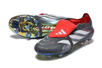 Men's Adidas Predator 26 Elite Fold-Over Tongue FG Firm Ground Low-Tops Football Boots - Black/Electric Red/Metallic Silver