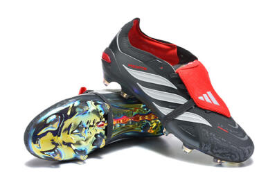 Men's Adidas Predator 26 Elite Fold-Over Tongue FG Firm Ground Low-Tops Football Boots - Black/Electric Red/Metallic Silver