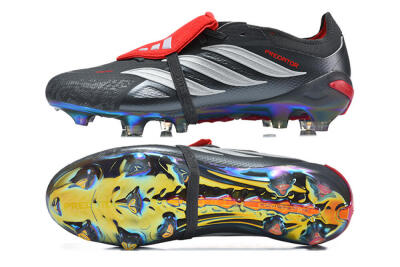 Men's Adidas Predator 26 Elite Fold-Over Tongue FG Firm Ground Low-Tops Football Boots - Black/Electric Red/Metallic Silver