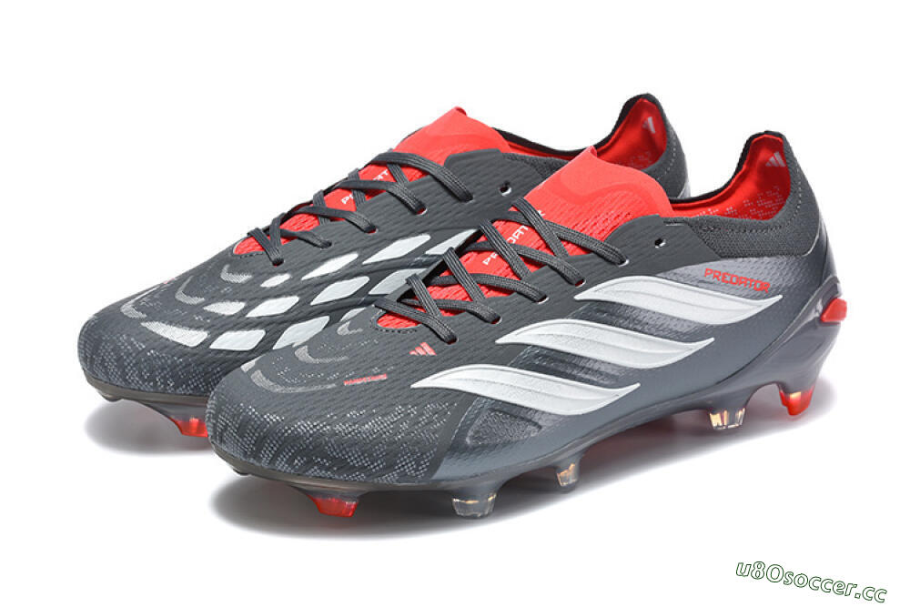 Men's Adidas Predator 26 Elite FG Firm Ground Low-Tops Football Boots - Gray/Crimson Red/Slate Gray 5