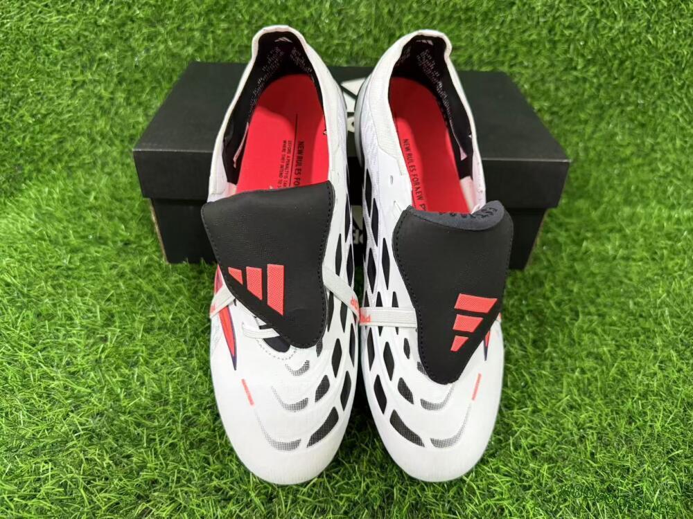 Unisex Adidas Predator 26 Elite Fold-Over Tongue FG Firm Ground Low-Tops Football Boots - White/Electric Orange/Dark Purple