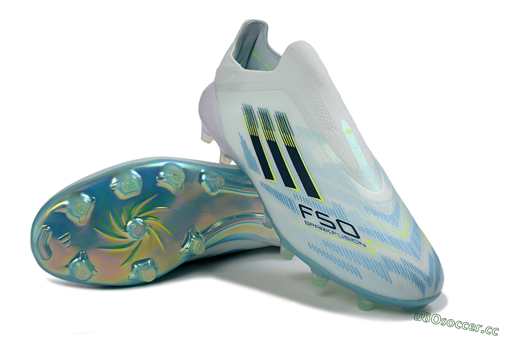 Unisex Adidas F50 Elite Laceless FG Firm Ground Low-Tops Football Boots - White/Neon Yellow/Iridescent Blue 3