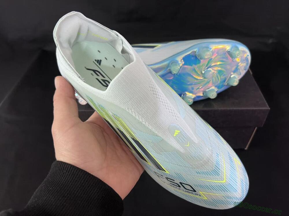 Unisex Adidas F50 Elite Laceless FG Firm Ground Low-Tops Football Boots - White/Neon Yellow/Iridescent Blue