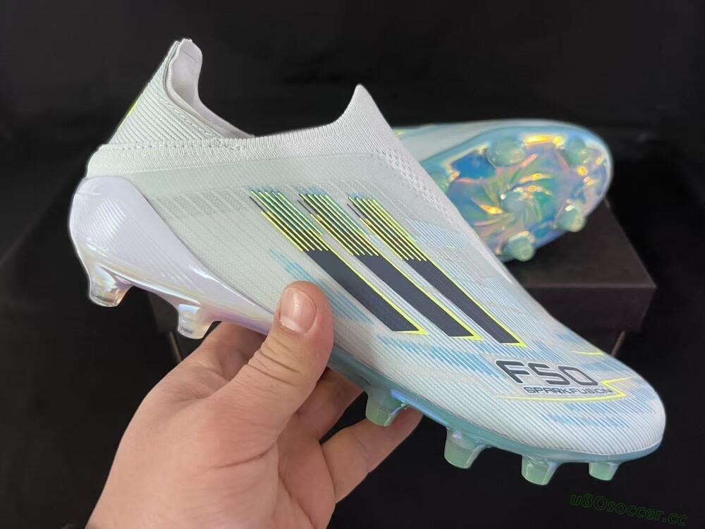 Unisex Adidas F50 Elite Laceless FG Firm Ground Low-Tops Football Boots - White/Neon Yellow/Iridescent Blue