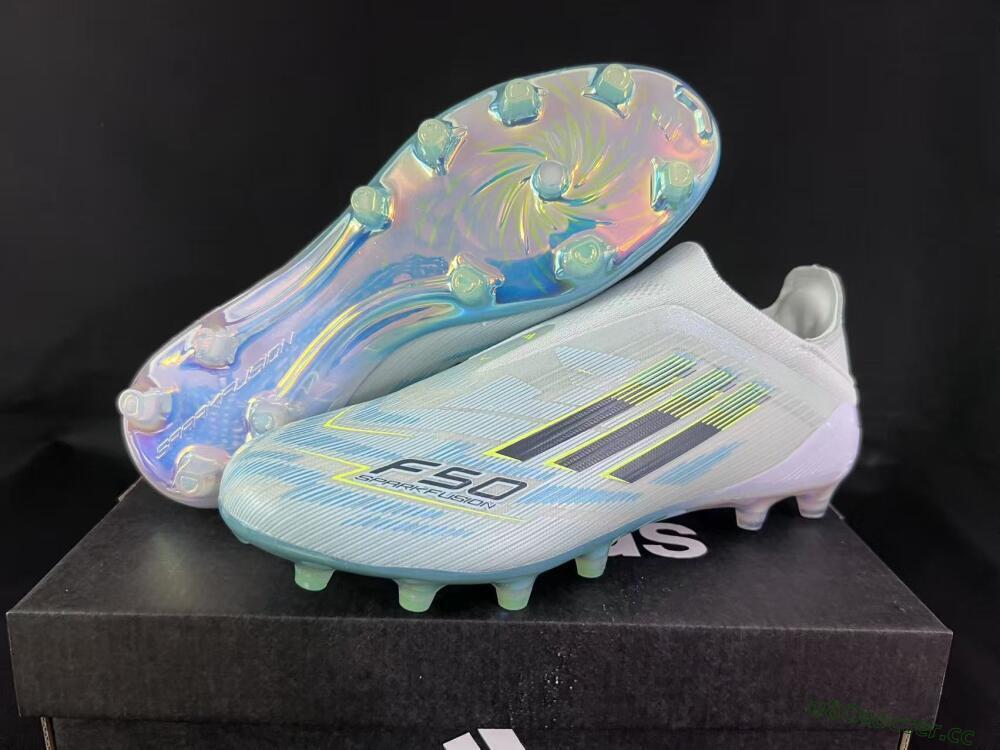 Unisex Adidas F50 Elite Laceless FG Firm Ground Low-Tops Football Boots - White/Neon Yellow/Iridescent Blue