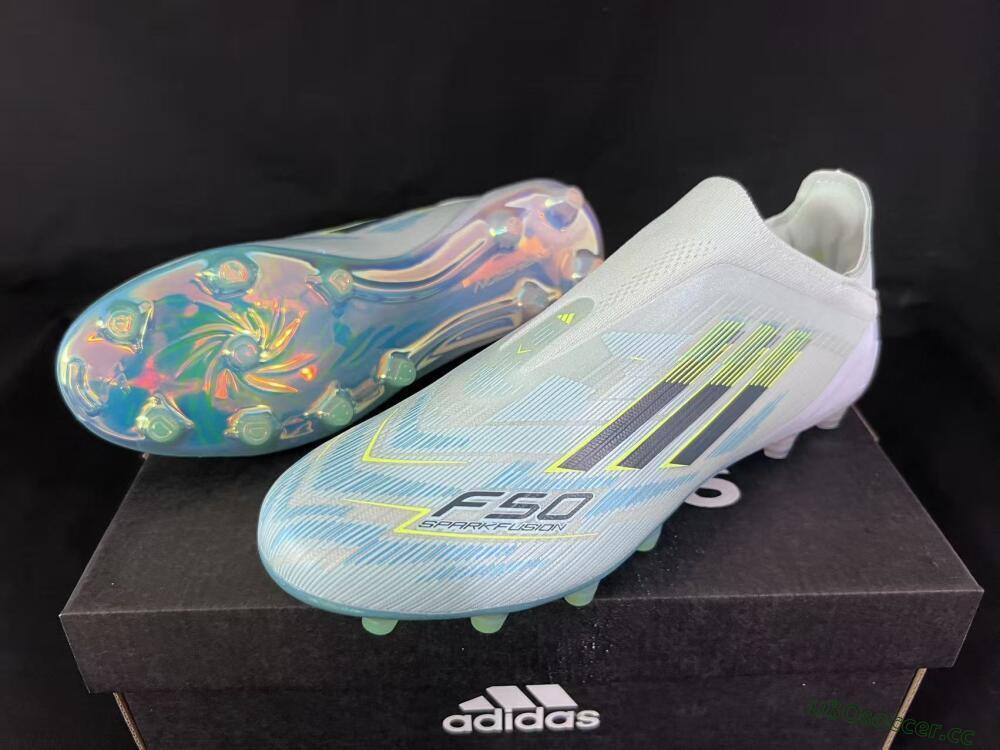 Unisex Adidas F50 Elite Laceless FG Firm Ground Low-Tops Football Boots - White/Neon Yellow/Iridescent Blue