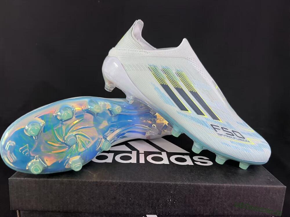 Unisex Adidas F50 Elite Laceless FG Firm Ground Low-Tops Football Boots - White/Neon Yellow/Iridescent Blue