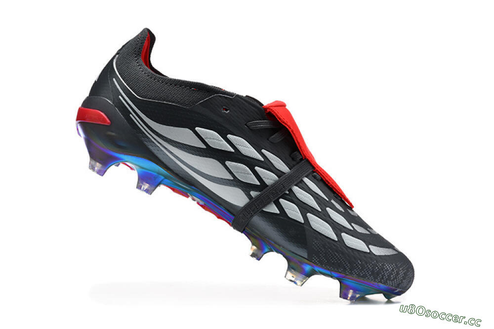 Men's Adidas Predator 26 Elite Fold-Over Tongue FG Firm Ground Low-Tops Football Boots - Black/Crimson Red/Metallic Silver 7
