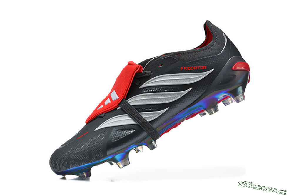 Men's Adidas Predator 26 Elite Fold-Over Tongue FG Firm Ground Low-Tops Football Boots - Black/Crimson Red/Metallic Silver 8