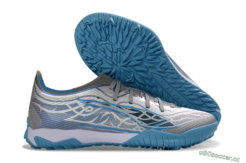 Men's Puma Ultra Ultimate TF Artificial Turf Low-Tops Football Shoes - Gray/Sky Blue/Silver 2