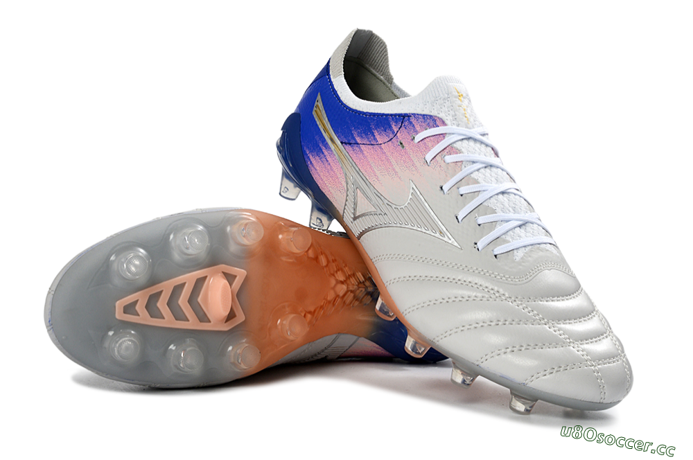 Men's Mizuno Morelia Neo 4 FG Firm Ground Low-Tops Football Boots - Silver/Blue Wave/Pink Gradient 1