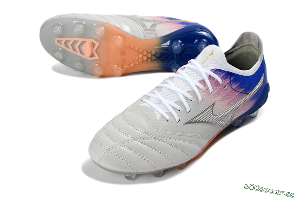Men's Mizuno Morelia Neo 4 FG Firm Ground Low-Tops Football Boots - Silver/Blue Wave/Pink Gradient 3
