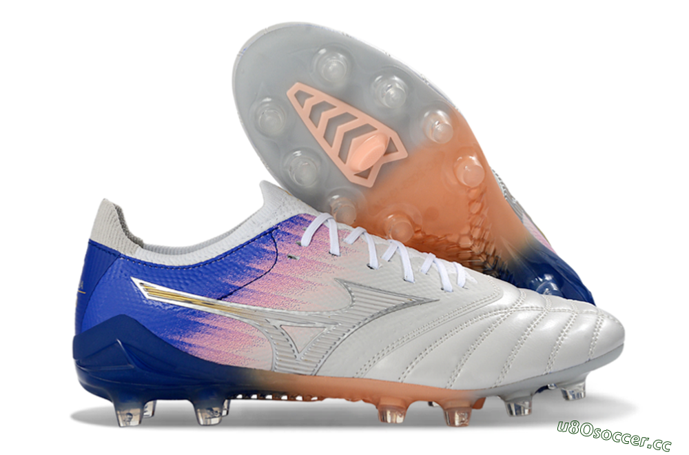 Men's Mizuno Morelia Neo 4 FG Firm Ground Low-Tops Football Boots - Silver/Blue Wave/Pink Gradient 2