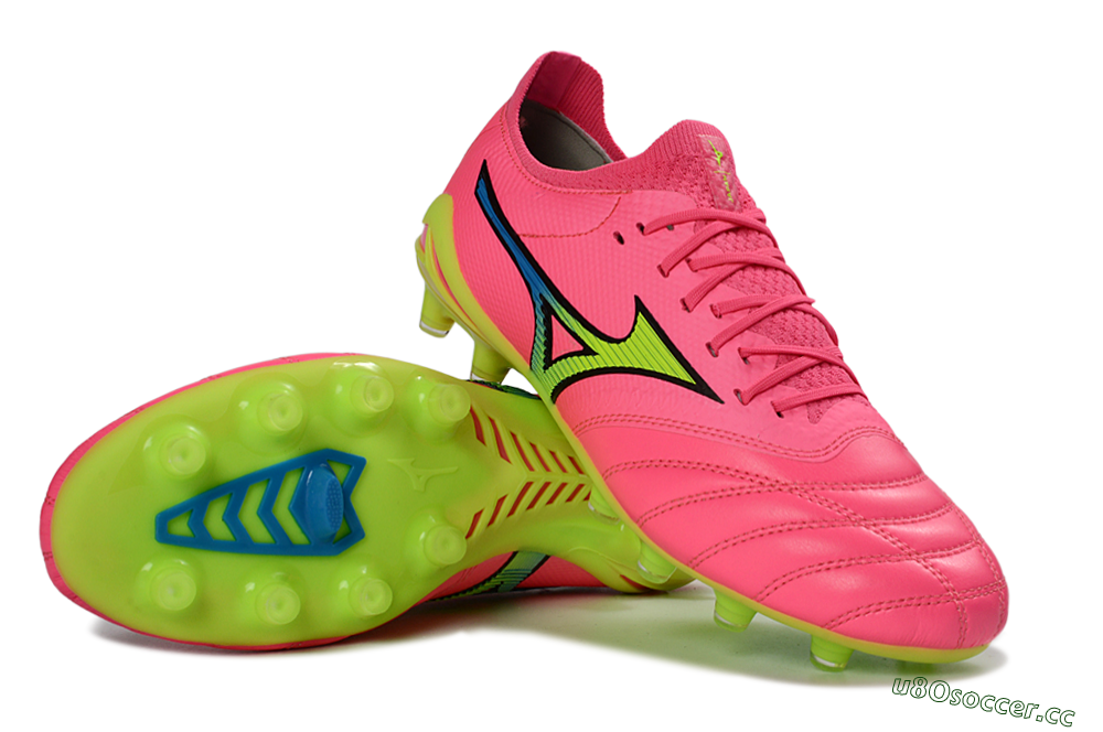 Men's Mizuno Morelia Neo 4 FG Firm Ground Low-Tops Football Boots - Pink/Neon Green/Blue Accent 1