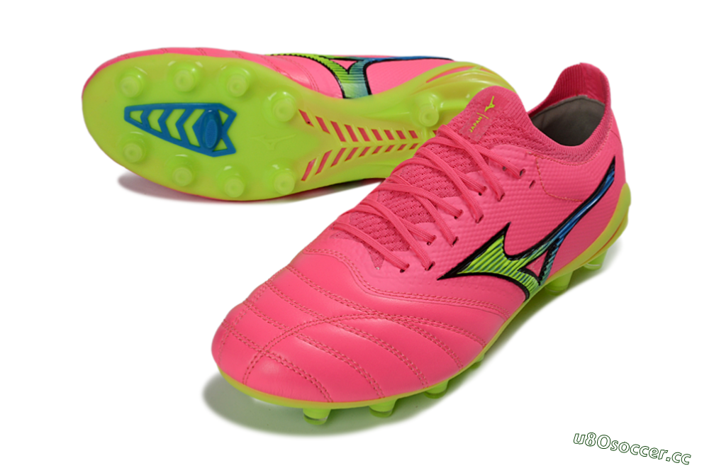 Men's Mizuno Morelia Neo 4 FG Firm Ground Low-Tops Football Boots - Pink/Neon Green/Blue Accent 3