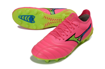 Men's Mizuno Morelia Neo 4 FG Firm Ground Low-Tops Football Boots - Pink/Neon Green/Blue Accent