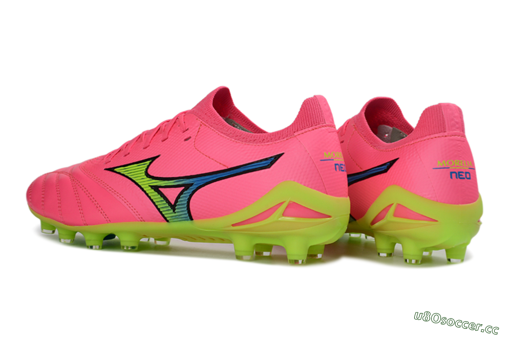 Men's Mizuno Morelia Neo 4 FG Firm Ground Low-Tops Football Boots - Pink/Neon Green/Blue Accent 4
