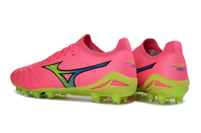 Men's Mizuno Morelia Neo 4 FG Firm Ground Low-Tops Football Boots - Pink/Neon Green/Blue Accent
