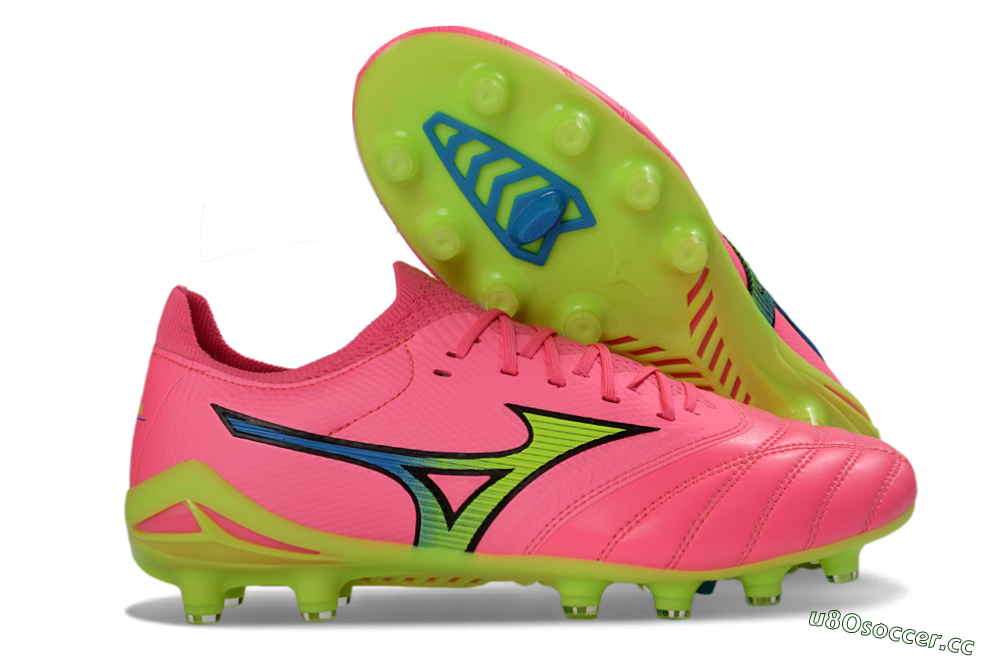 Men's Mizuno Morelia Neo 4 FG Firm Ground Low-Tops Football Boots - Pink/Neon Green/Blue Accent 2