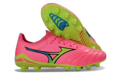 Men's Mizuno Morelia Neo 4 FG Firm Ground Low-Tops Football Boots - Pink/Neon Green/Blue Accent