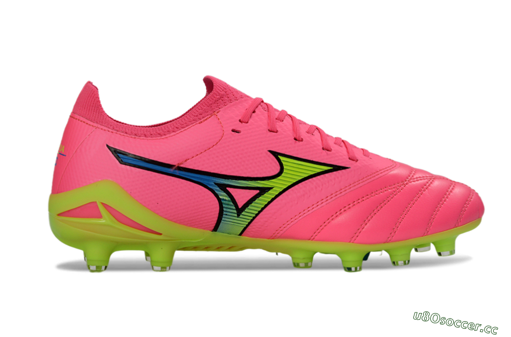 Men's Mizuno Morelia Neo 4 FG Firm Ground Low-Tops Football Boots - Pink/Neon Green/Blue Accent 5