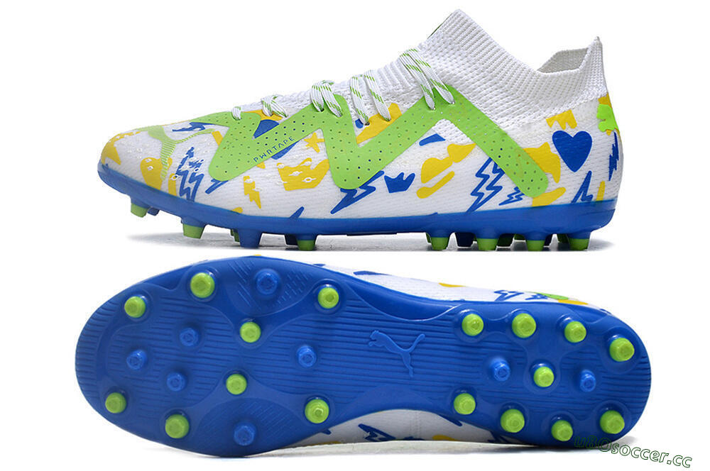 Men's Puma Future 8 Ultimate MG Multi Ground Low-Tops Football Boots - White/Neon Green/Blue 1