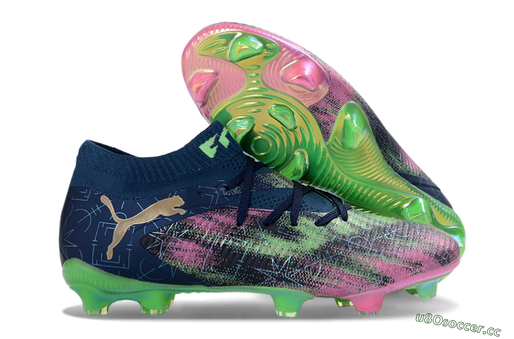 Men's Puma Future 8 Ultimate FG Firm Ground Low-Tops Football Boots - Navy/Electric Green/Fuchsia Pink 2