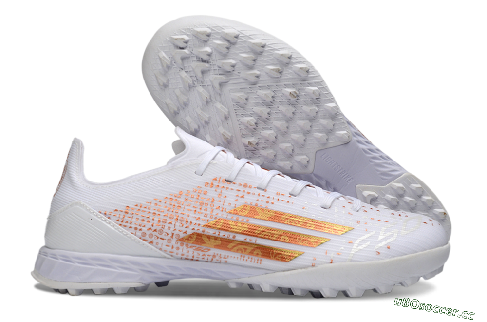 Unisex Adidas F50 Pro TF Artificial Turf Low-Tops Football Shoes - White/Metallic Gold/Blazing Orange 2